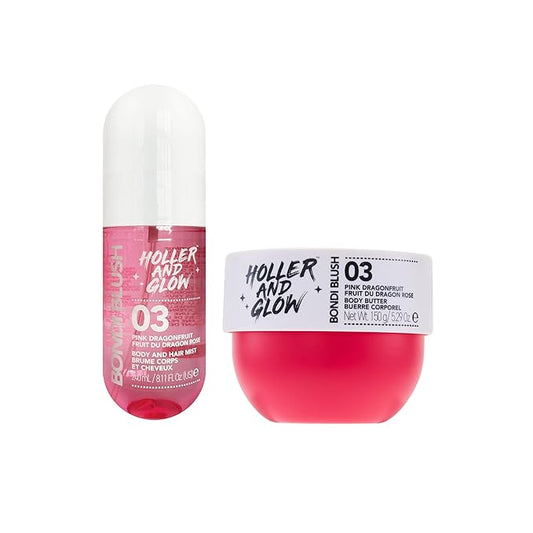 Bundle of Holler And Glow Bondi Blush Pink Dragonfruit Body & Hair Mist + Body Butter, Body Spray, Hair Perfume For Women, Jasmine, Amber Scented, Floral, Moisturizing, Nourishing, 2 Piece Set