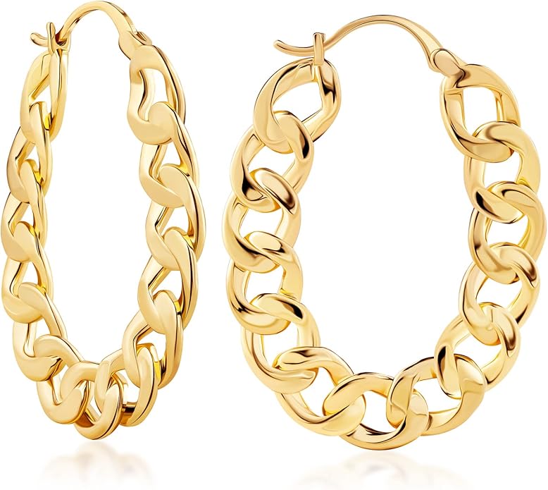 Barzel 18K Gold Plated Link Chain Hoop Earrings for Women 1.5in length 7.8mm wide - Made in Brazil