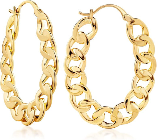 Barzel 18K Gold Plated Link Chain Hoop Earrings for Women 1.5in length 7.8mm wide - Made in Brazil