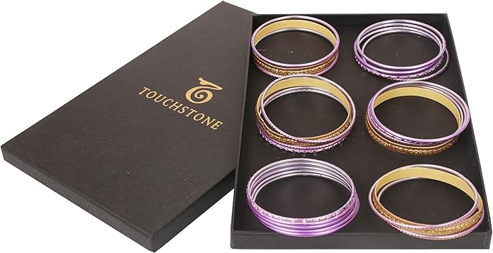 Touchstone Indian Metal Bangles for Women Gold Alloy Bracelets desi 2 Dozen Bangle Collection Bollywood Women's Jewelry Set Multi Stacking Wide Chunky Textured Golden Set of 24 in Gold or White Tone