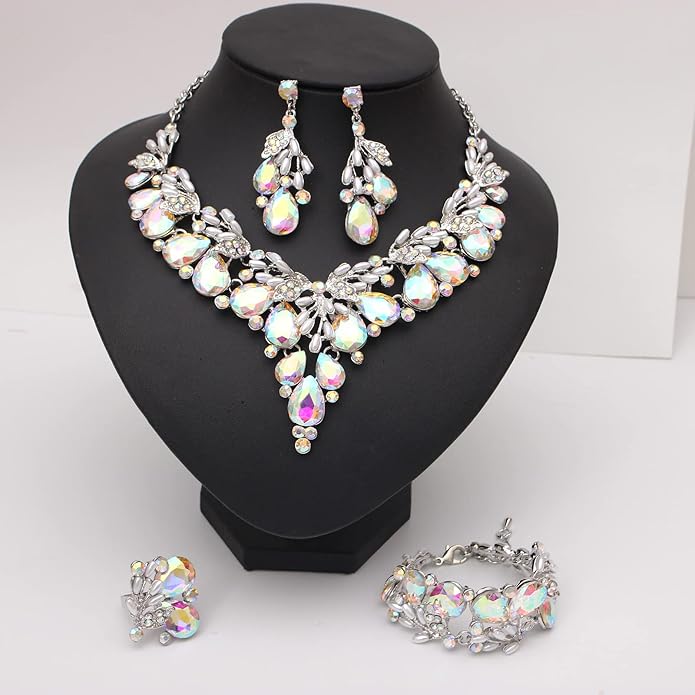 Jewelry Set for Women, Statement Necklace Dangle Earrings Bracelet Ring, White/KC Gold Plated Jewelry Set with Rhinestone Pearl Crystal Wedding Party Jewelry for Bridal Bridesmaid