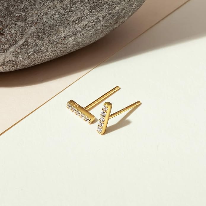 PAVOI 14K Gold Plated 925 Sterling Silver Stud Earrings for Women | Dainty Geometrical Bar Triangle Heart Earrings