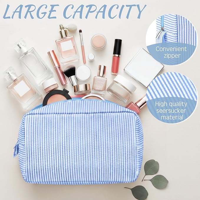 Sanwuta 3 Pcs Seersucker Makeup Bags Seersucker Cosmetic Bags Striped Women Large Travel Toiletry Organizer Preppy Storage Pouch for Embroidery Wedding Bridesmaid Gifts(Light Blue)