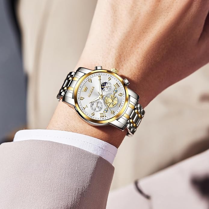 OLEVS Men Watches Stainless Steel Chronograph Watch, Large Wrist Analog Quartz Watch, Fashion Waterproof Diamond Roman Numerals Dress Watches for Men, Gold/Black/White/Blue/Grey Dial