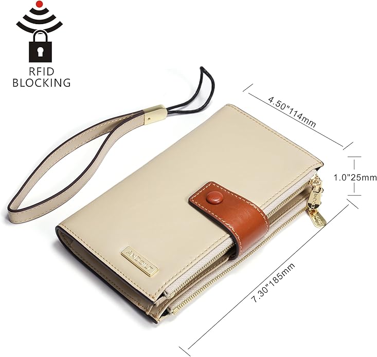ANDOILT Wallet Women RFID Blocking Genuine Leather Bifold Multi Card Organizer Wristlet Purse Cell Phone Handbag