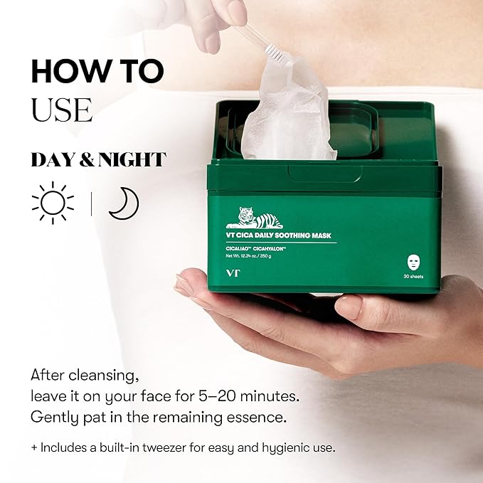 VT COSMETICS CICA Daily Soothing Mask 30 Sheets, Centella Asiatica & Hyaluronic Acid for Moisturizing & Hydrating, Instant Calm & Glow, Skin Softening Facial Mask, Korean Face Mask