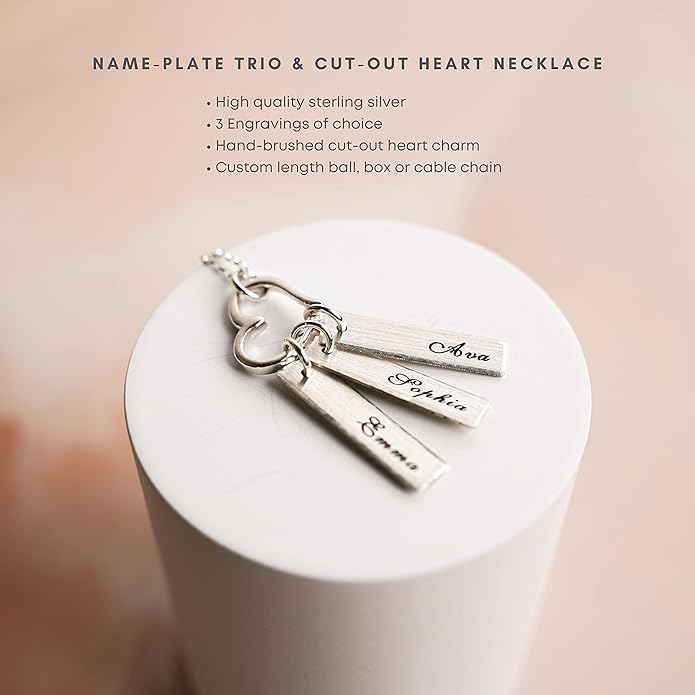 AJ's Collection Triple Bar Sterling Silver Personalized Necklace with Heart Charm. Includes 3 Customizable Charms and your Choice of Sterling Silver Chain. Gifts for Her, Mom, Wife