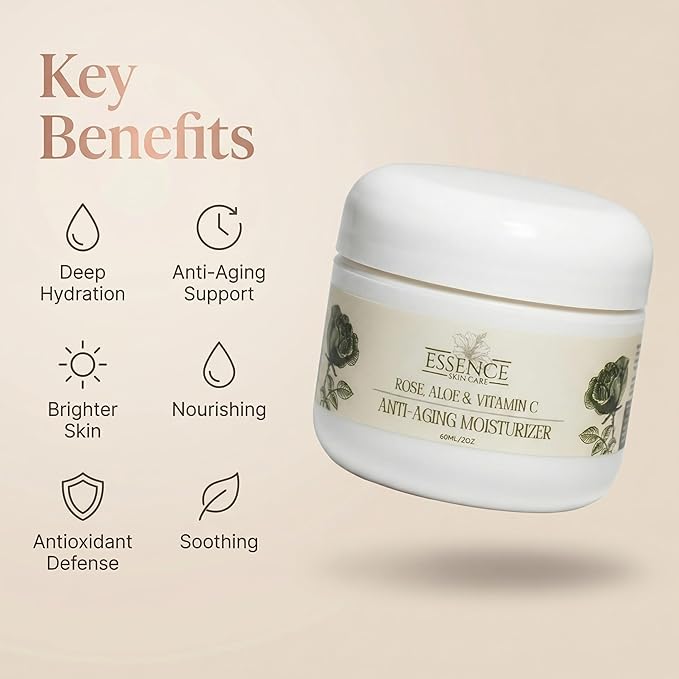 Essence Skin Care Rose & Aloe Vitamin C Anti-Aging Moisturizer, Firming & Hydrating, with CoQ10, DMAE, Hyaluronic Acid, Vitamins A, C, E, Niacinamide, Panthenol, Natural Oils
