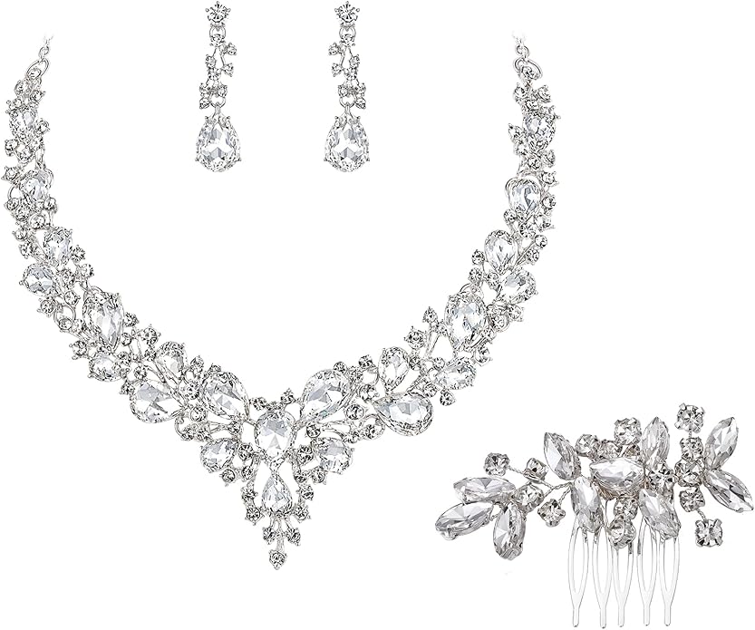 BriLove Wedding Bridal Jewelery for Women Austrian Crystal Teardrop Cluster Statement Necklace Dangle Earrings Link Bracelet Set