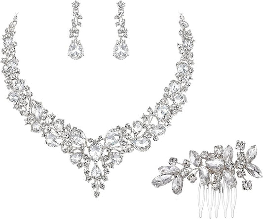 BriLove Wedding Bridal Jewelery for Women Austrian Crystal Teardrop Cluster Statement Necklace Dangle Earrings Link Bracelet Set