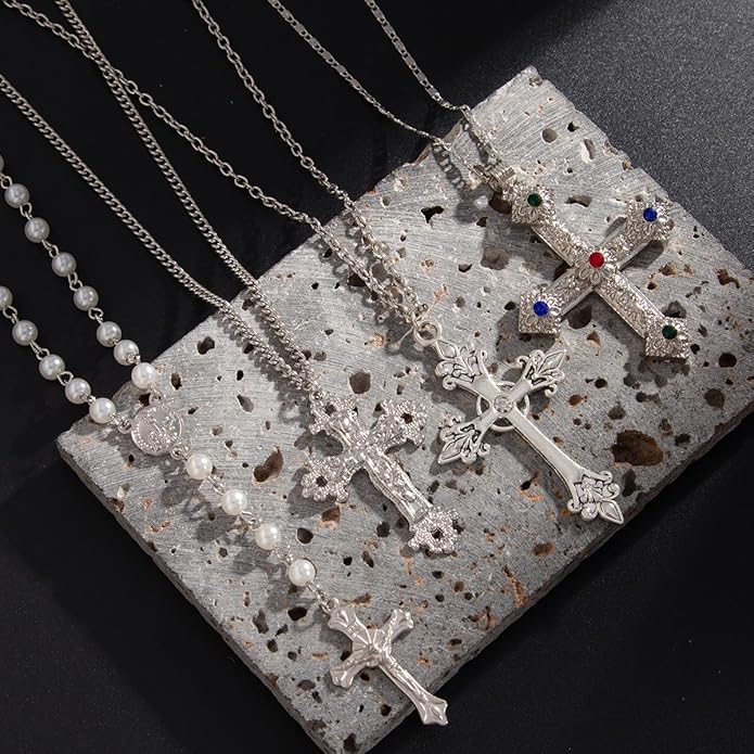 Gold Color Cross Pendant Necklace Set for Women,Dainty Big Crystal Cross Imitation pearl Layered Chain Necklace Summer Party Jewelry