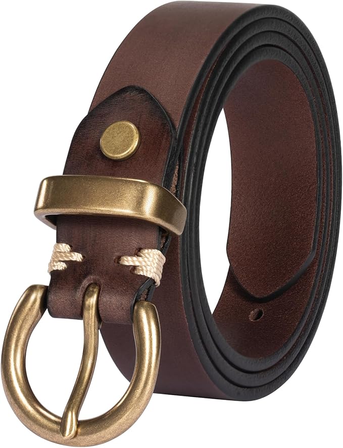 Womens Belt for Jeans Genuine Leather Belt Vintage Solid Brass Circle buckle Gift Box Packaging
