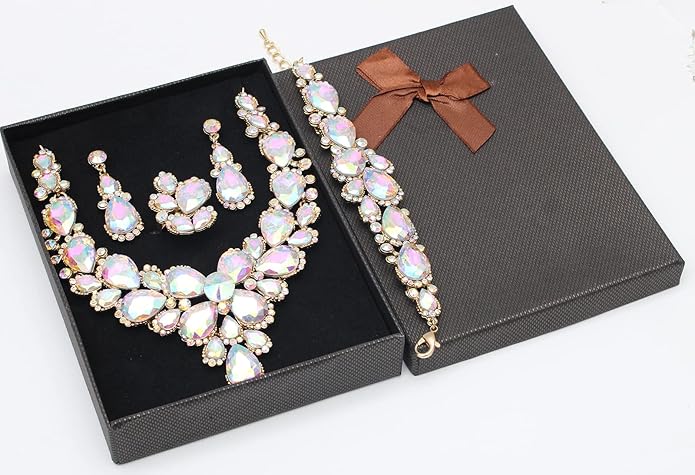 Women's Wedding Bridal Austrian Crystal Glass Teardrop Statement Necklace Dangle Earrings Bracelet Ring Wedding Party Jewelry Set for Bridal Bridesmaid