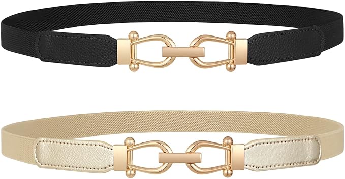 JASGOOD Women Skinny Elastic Belt for Dresses,Thin Retro Stretch Waist Belt with Golden Buckle