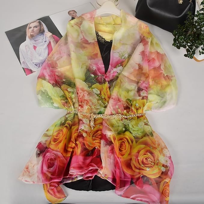 100% Mulberry Silk Women's Neck Silk Scarf-Lightweight Shawl,FLoral Print Beach Silk Wrap-Scarves for Photography