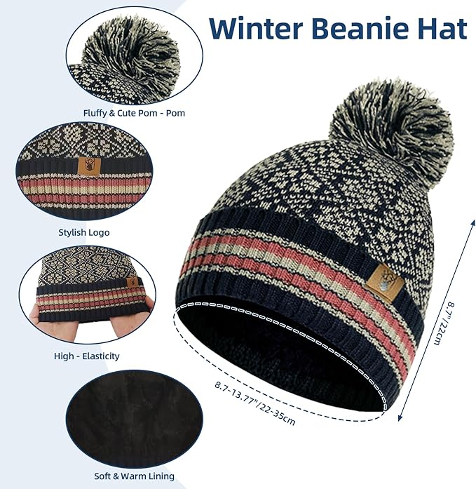 Womens Winter Beanie Hat Long Scarf and Touchscreen Gloves 3Pieces Fleece Lined Skull Caps with Pompom Neck Scarves Set