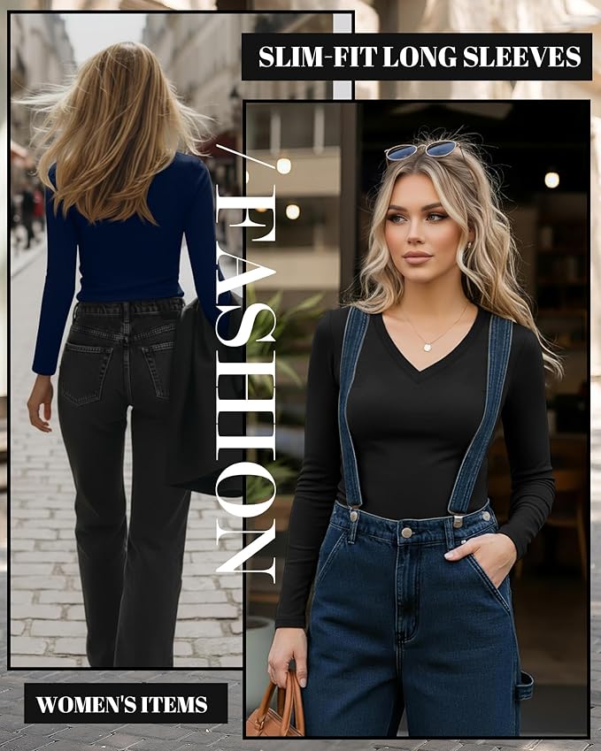 Ficerd 3 Pack Women's Long Sleeve Shirts, V Neck Basic Tees Slim Fitted Casual Fall Tops Going Out Blouses T Shirts