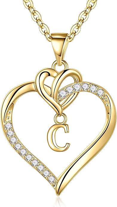 STORUP Gifts for Women Teen Girls - Heart Initial Necklaces for Women Girls, 14K-Gold-Plated Cubic Zirconia Initial A-Z Pendant Dainty Heart Necklaces for Teen Girl Jewelry Birthday Gifts