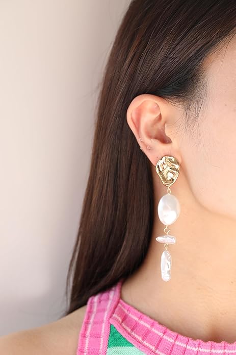 Statement Pearl Dangle Earrings,Gold and Large Pearl,Luxury Chandelier Organic Style Earrings
