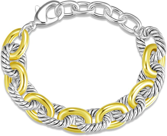 UNY JEWEL Twisted Cable Wire Link Chain Bracelet Two Tone Designer Brand Inspired Women Jewelry Valentine (2 Tone)