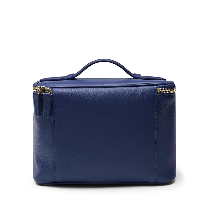 Leatherology Navy Blue Small Train Case – Full-Grain Leather Travel Cosmetic Bag with Water-Resistant Lining, Zippered & Open Pockets, Compact Beauty Organizer