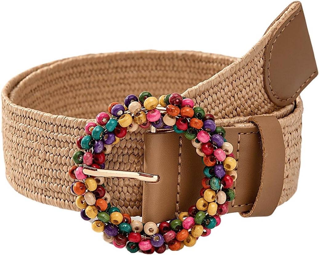 Verdusa Women's Western Belt Cowgirl Boho Straw Belts Round Buckle Elastic Waist Belt