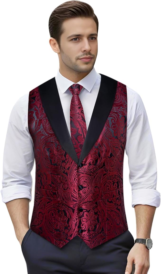 DiBanGu Mens Paisley Suit Vest Silk Jacquard Waistcoat and Necktie Set Formal Shawl Collar Dress Vest 7PCS for Wedding Party