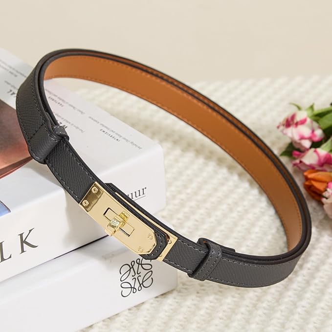 Skinny Leather Belts for Women with Adjustable Silver Turn-Lock Buckle for Dresses Jeans and Pants