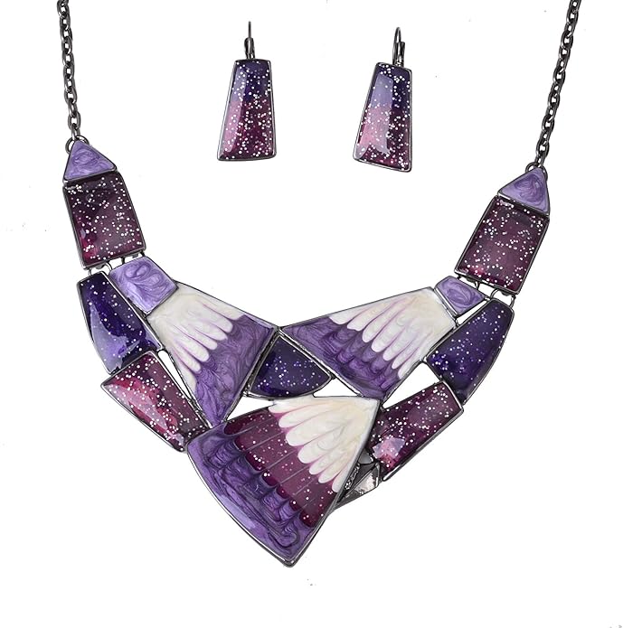 Irregular Enamel Triangle Shape Collar Bib Statement Necklace Earrings Set Women Bridal Jewelry