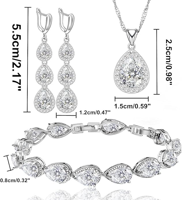 LMXXVJ Necklace Long Earrings Bracelet Set, White Gold Plated Created Blue Sapphire Jewelry Set Wedding Party Gift Jewelry for Women Bridal Bridesmaid