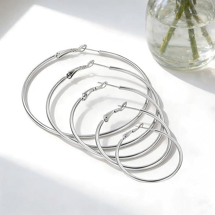 4/5/6 Pairs Stainless Steel 30/40/50/60/70 mm Silver 14K Gold Hoop Earrings for Women Hypoallergenic Big Thin Lightweight Dangle Set