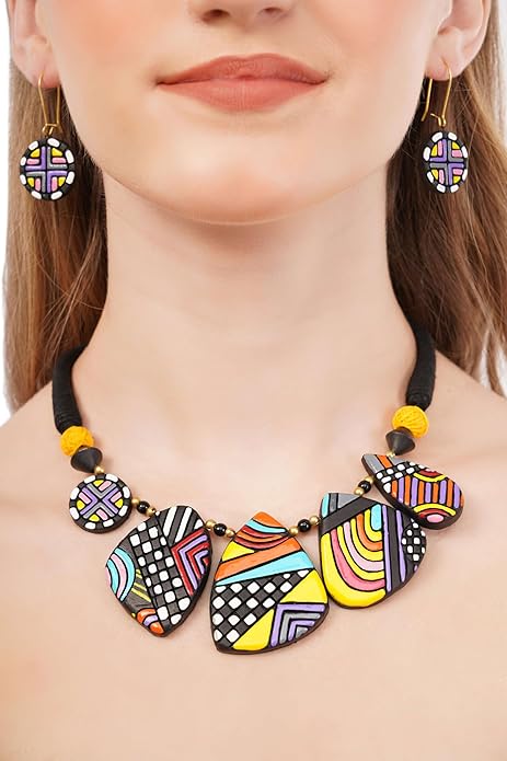 Handmade Clay Necklace & Earring Set – Boho Brunch Terracotta Jewelry for Women, Artistic Statement Accessories, Festival Wear & Unique Handcrafted Gift Idea