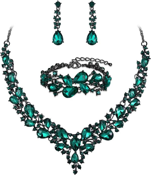 BriLove Wedding Bridal Jewelery for Women Austrian Crystal Teardrop Cluster Statement Necklace Dangle Earrings Link Bracelet Set