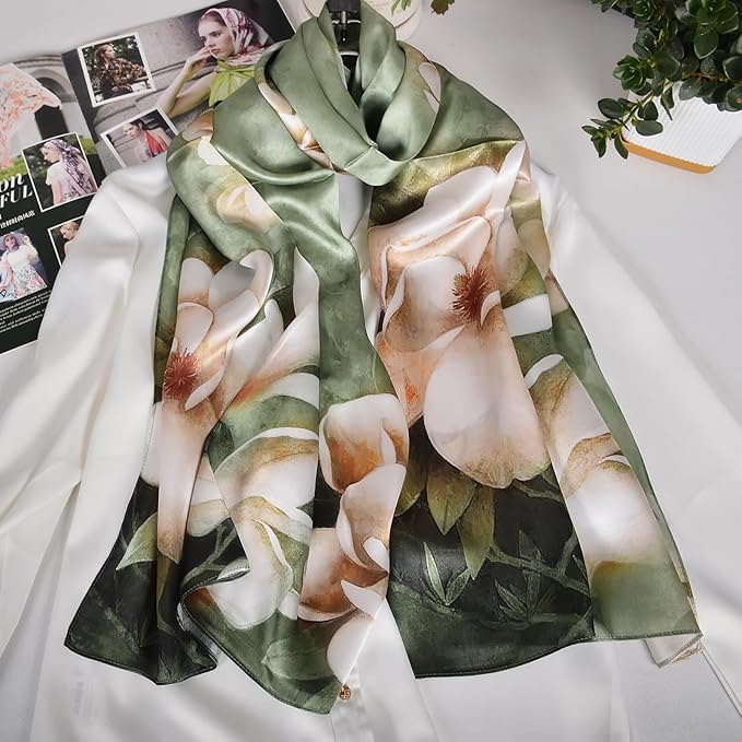 100% Mulberry Silk Scarf for Women Neck Oblong Headscarves Long Floral Print Lightweight Silk Wraps Shawls 67"*20"