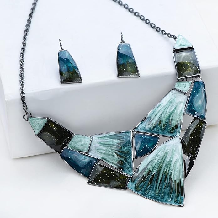 Irregular Enamel Triangle Shape Collar Bib Statement Necklace Earrings Set Women Bridal Jewelry