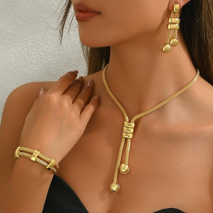 Gold Long Choker Necklace Set Gold Irregular Necklace Earrings Bracelet Fashion Chain Punk Jewelry Accessories for Women Valentine Anniversary Birthday Friendship Gift