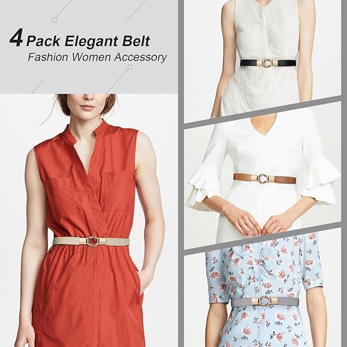 WERFORU Women Skinny Belt for Dresses Retro Stretch Waist Belt with Gold Buckle Set of 4