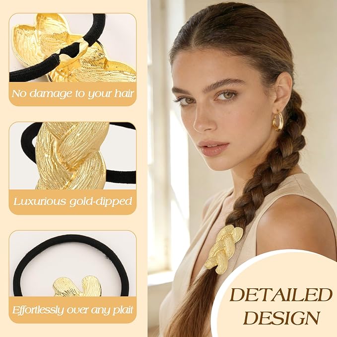 2 PCS Metal Hair Ties for Braids, Elastic Pony Tails Hair Ties for Thick Thin Hair, Elegant Braided Pony Cuff, No Damage Ponytail Cuff Holders, Seamless Hair Accessories, Gold & Silver