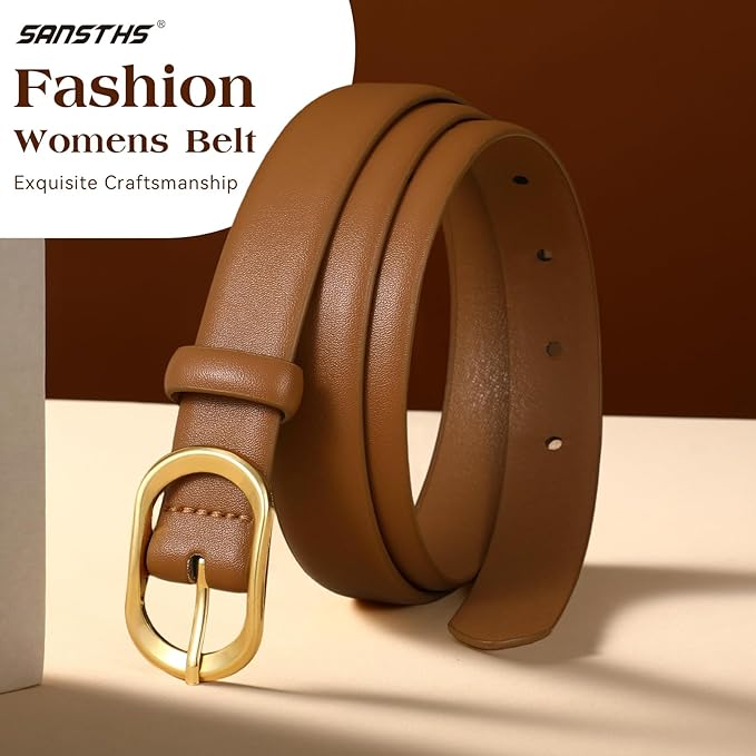 SANSTHS Women Belt for Jeans with Gold Oval Buckle, Thin Belt for Dresses Pants, Adjustable Waist Belt for Daily Fashion