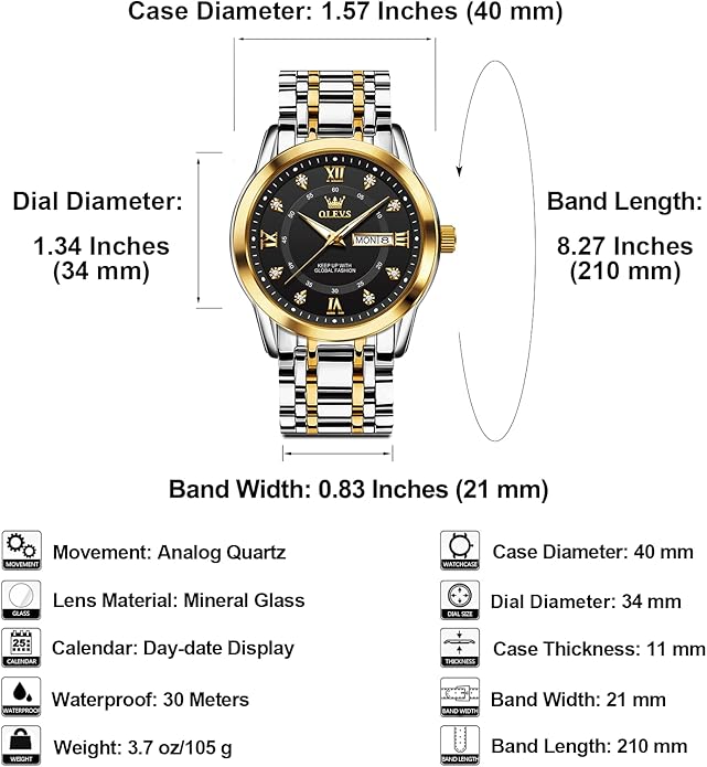 OLEVS Men's Stainless Steel Watch, Large Face Roman Numerals Diamond Accented Three-Hand Analog Quartz Watches for Men, Easy to Read Day Date Waterproof Luminous Mens Wristwatch