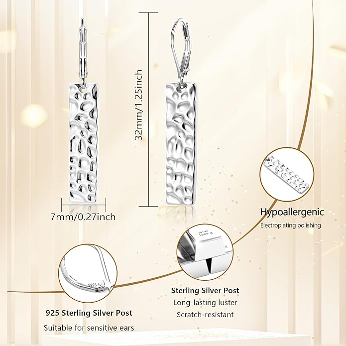 ALEXCRAFT 925 Sterling Silver Dangle Earrings for Women, 14K Gold Plated French Leverback Earrings, Hypoallergenic Lightweight Statement Hammer Square Bar Long Drop Earing for Women Trendy Jewelry