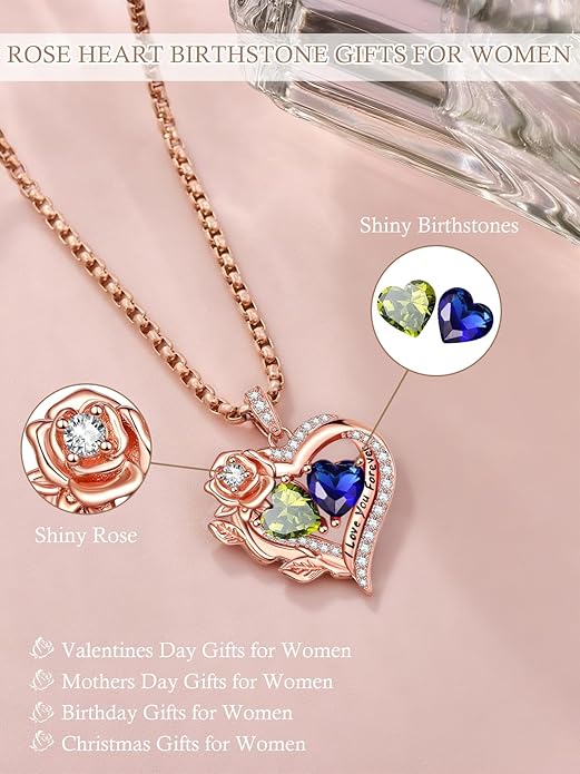 Rose Heart Necklaces for Women, Rose Gold Forever Love Jewelry with 2 Birthstones Pendant, Christmas Anniversarry Birthday Gifts for Her Wife Mom Grandma, 18+2 Inch Chain
