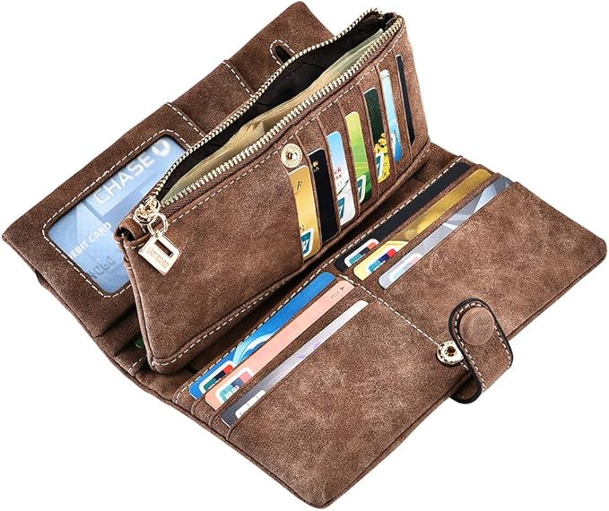 Women's Genuine Leather Bifold Clutch Wallet Large Capacity Card Organizer with Buckle Closure in Candy Colors (Coffee)