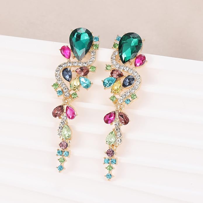 Fashion Rhinestone Statement Drop Dangle Earrings Long Colorful Crystal Bridal Wedding Teardrop Chandelier Earrings for Women Prom Pageant