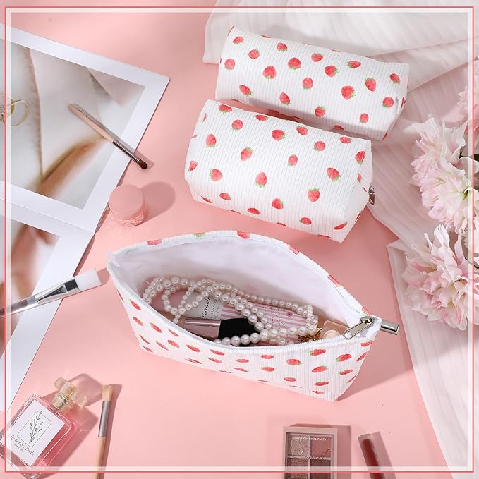 3 Pcs Makeup Bag Set for Women Corduroy Cosmetic Pouch Aesthetic Smile Travel Toiletry Bag Cute Purse Pouch Pencil Case Makeup Brushes Storage Organizer for Christmas (White, Strawberry)