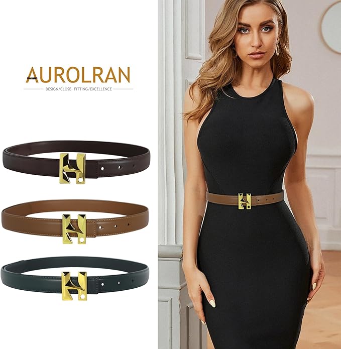 Women's Fashion Classic Metal Buckle Leather Belt with Jeans Dress