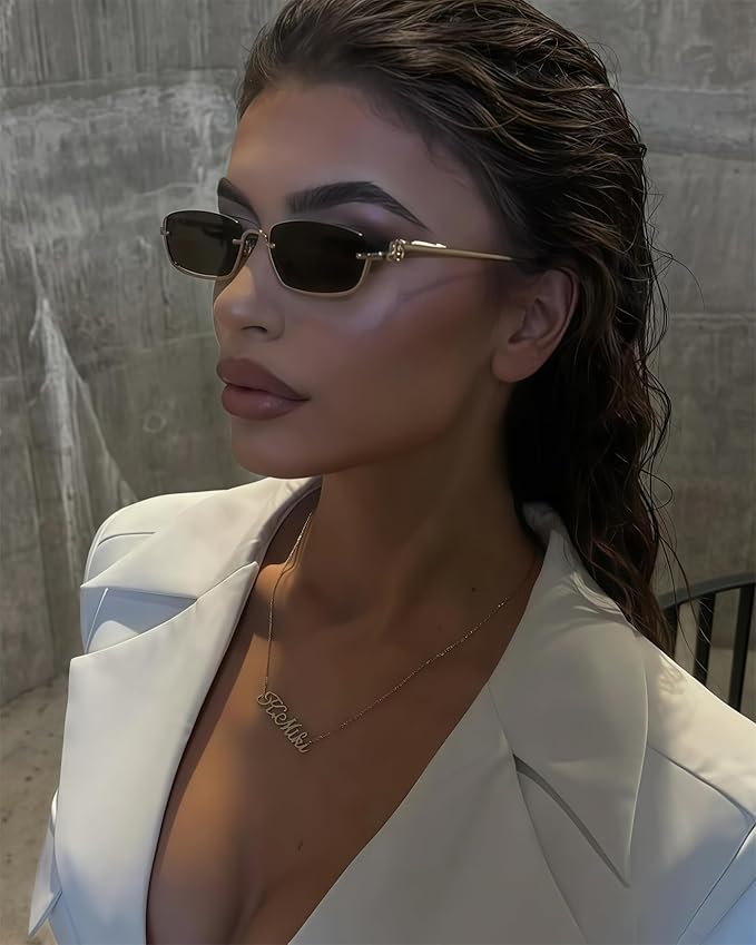 Retro Y2k Sunglasses for Women Men,Trendy Semi-Rimless Sun Glasses Irregular Narrow Gold Sunnies UV400