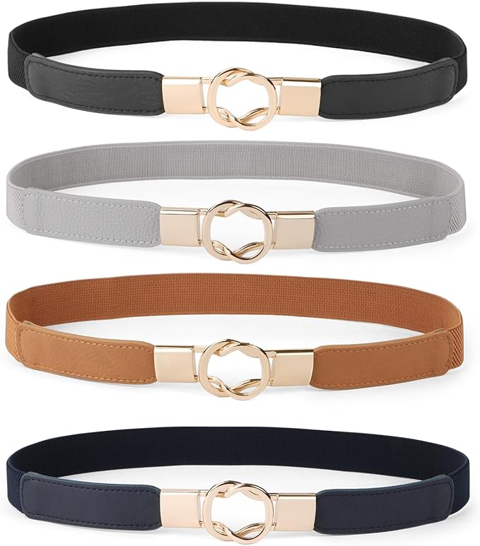 WERFORU Women Skinny Belt for Dresses Retro Stretch Waist Belt with Gold Buckle Set of 4