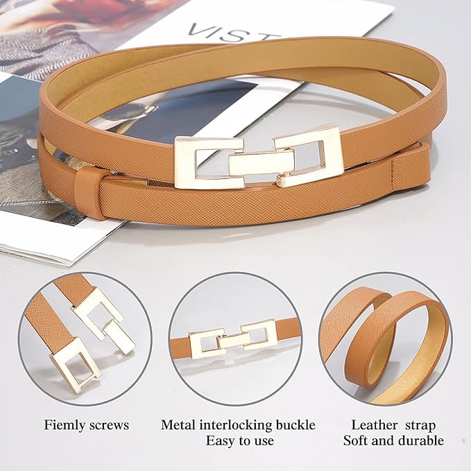 Glamorstar Skinny Belts for Women Thin PU Leather Waist Belt with Gold Buckle for Dresses