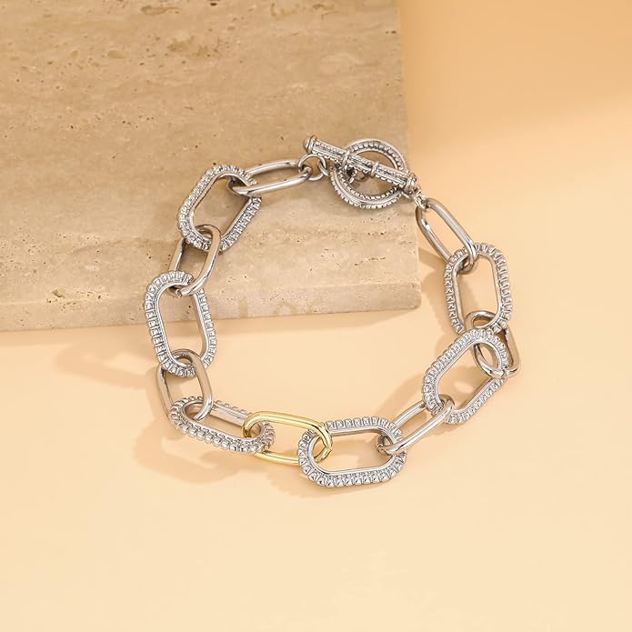 Mytys Link Bracelet for Women Gold and Silver 2 tone Circles Chain Wire Bangle Bracelets